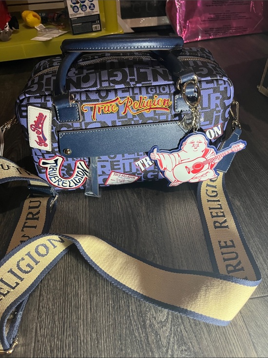 True Religion Handbags - True Religion Navy Logo Satchel with Beige Strap and Patch Charms